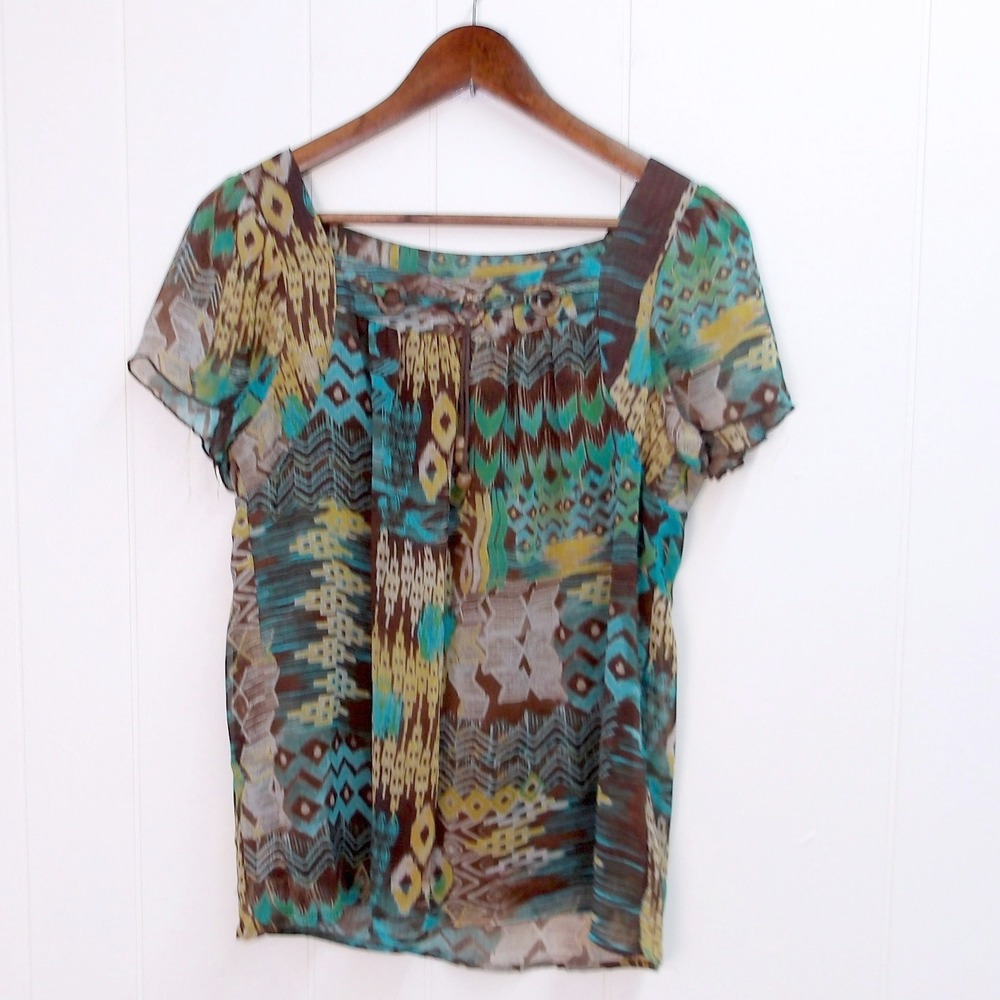 Sheer Printed Top Short Sleeve Square Neck Blouse Teal Brown Multicolor MP/#8032